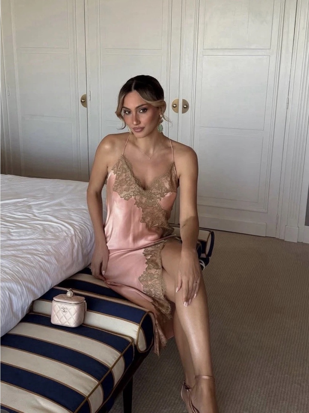 Zara Pink Satin Slip Dress with Cream Lace Trim